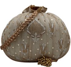 Beige Color Chikankari Silk Round Potli Bag